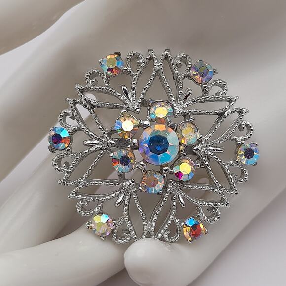 Vintage Snowflake Silver Tone Aurora Borealis Rhinestones 1 3/4 Inch Brooch - Picture 3 of 10